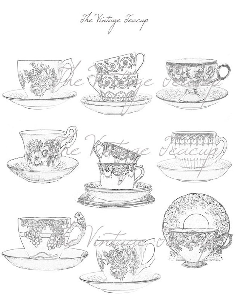 Clipart Sketches of Tea Cups & Saucers, 9 Digital Images for Instant  Download, PDF and JPG.