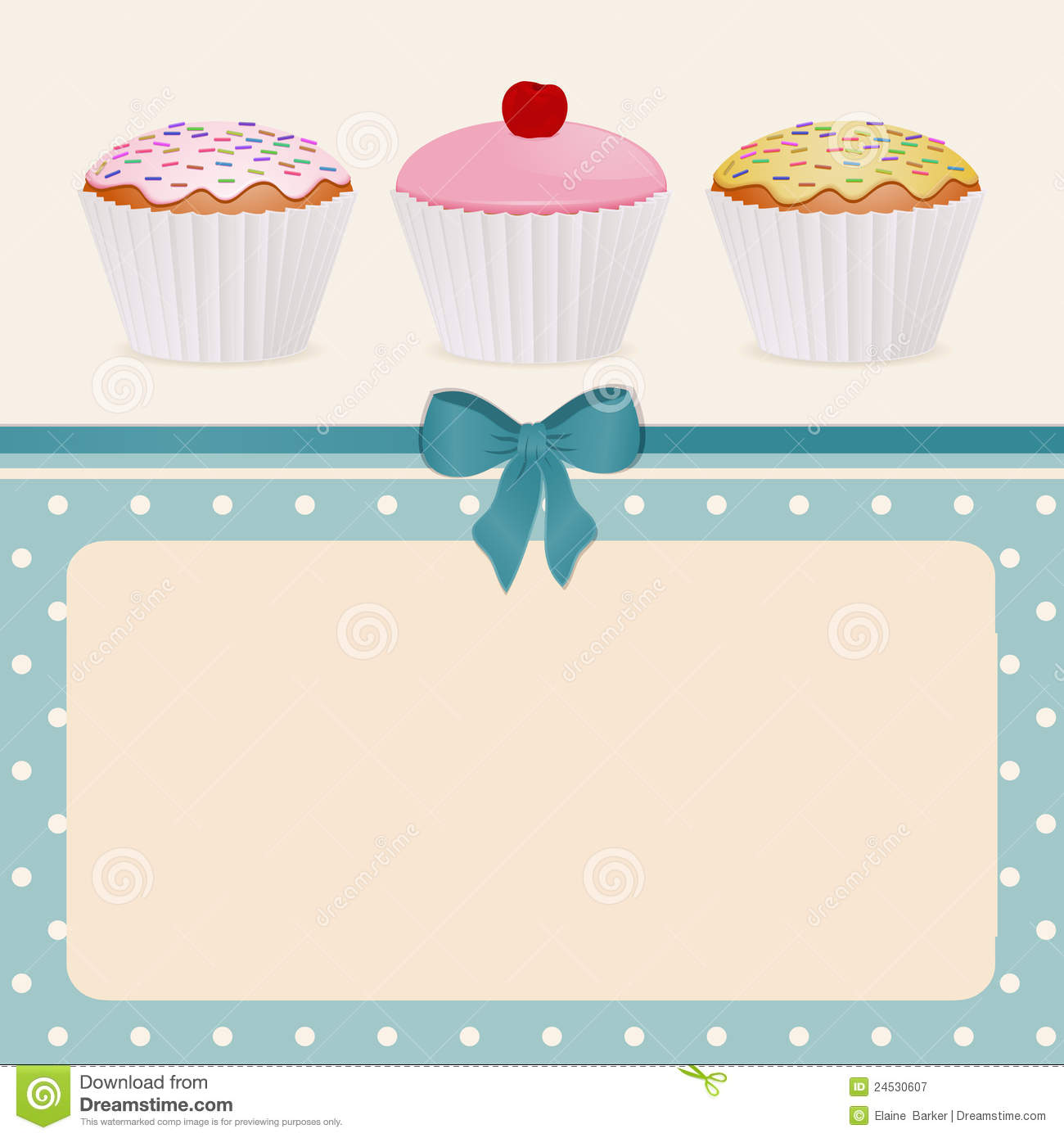 Cupcakes On Blue Polka Dot Background Stock Illustration.