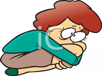 Cartoon of an Anxious Woman Curled up in the Fetal Position.