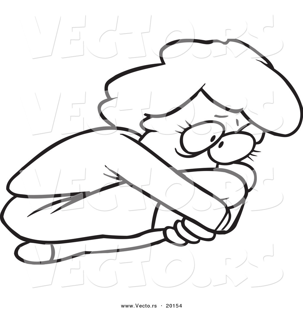 Vector of a Cartoon Scared Woman Curled up in a Fetal Position.