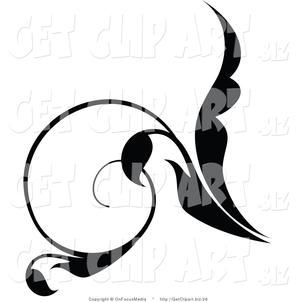 Clip Art of a Curly Black Scrolling Silhouetted Leaf Flourish.