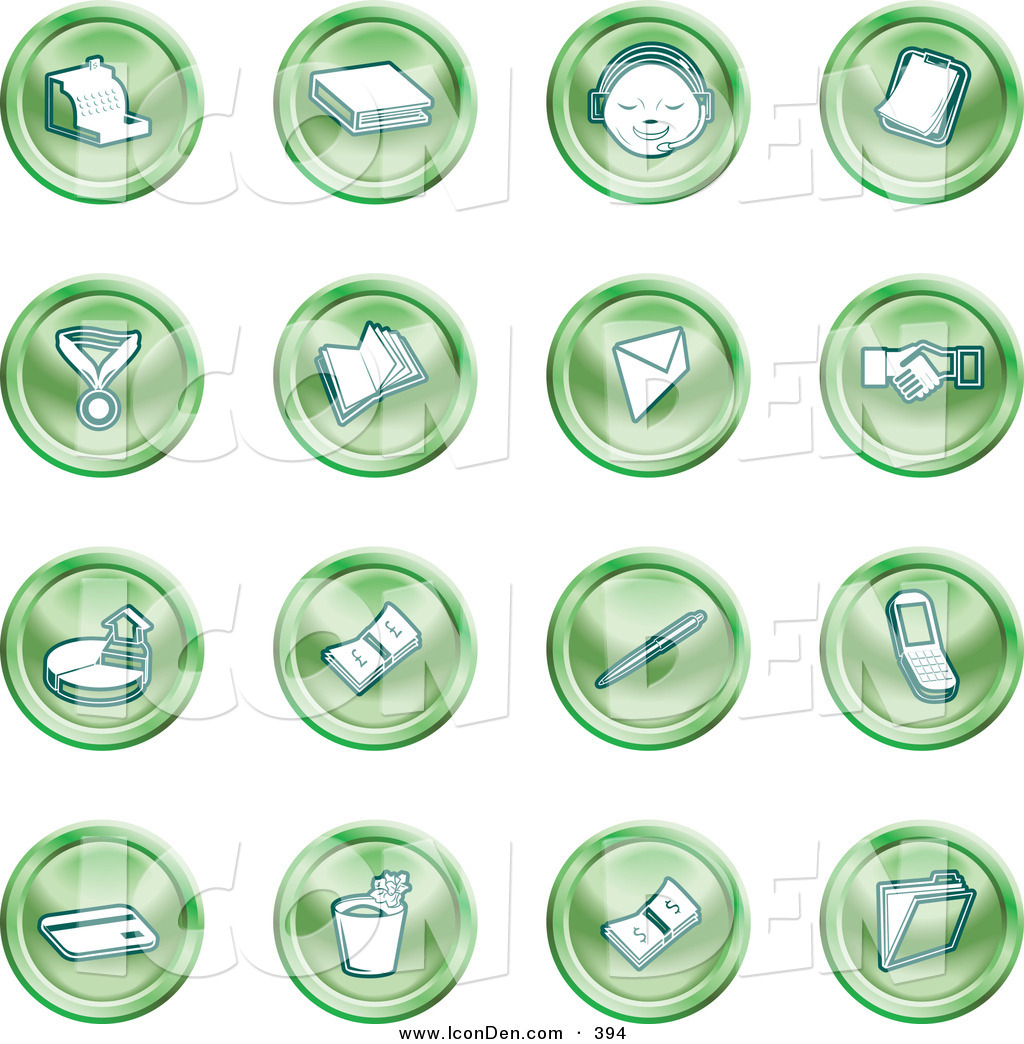 Clip Art of a Collection of Green Coin Shaped Icons of a Cash.