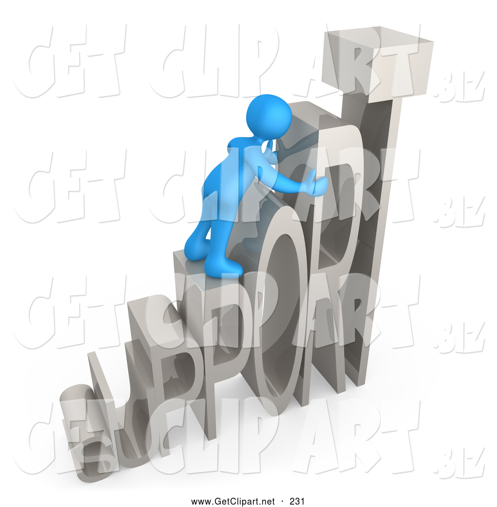 3d Clip Art of a Friendly Blue Person Climbing and Adjusting.