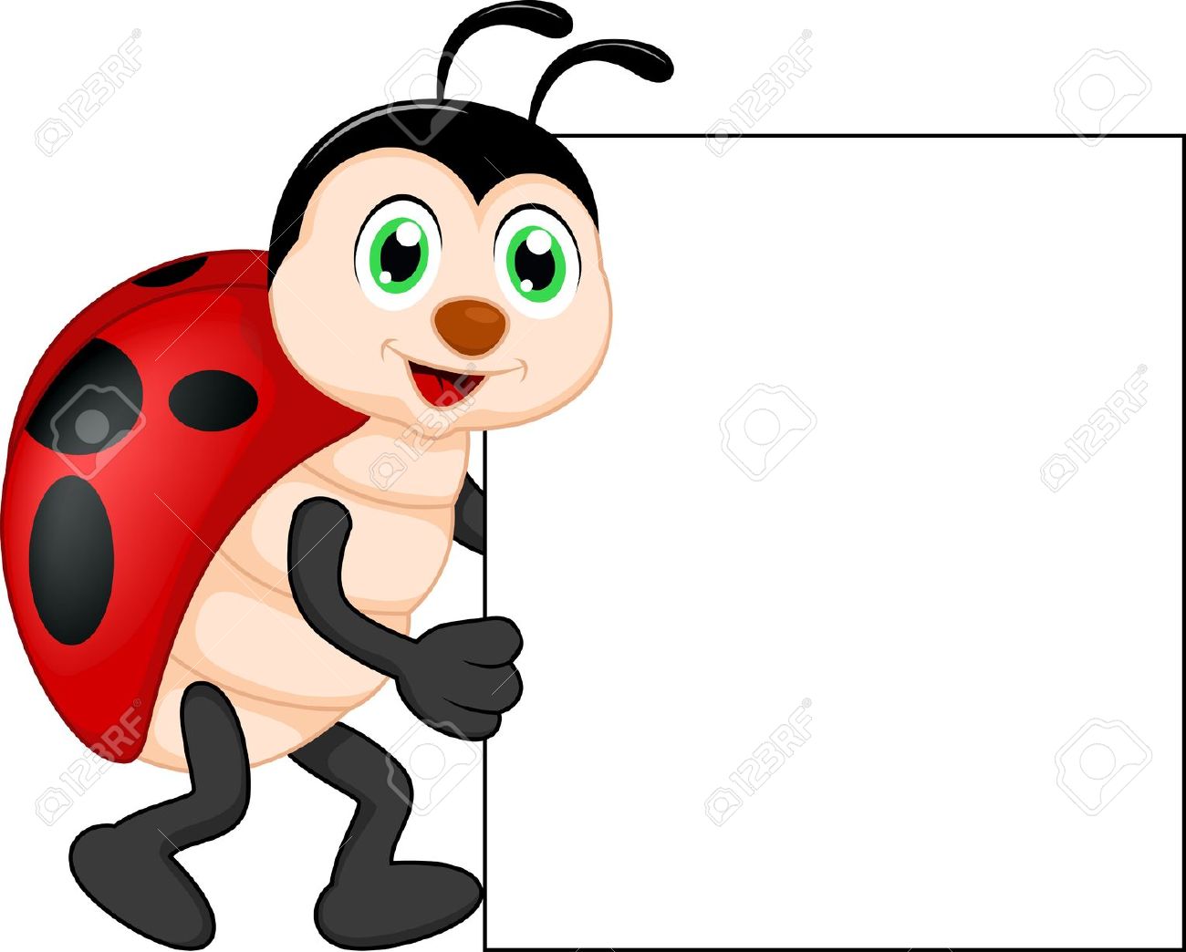 Funny Lady Bug Cartoon With Blank Sign Royalty Free Cliparts.