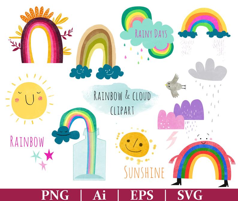 Rainbow Cloud Sun cute Bird Clipart , Free commercial use,cute rainbow  happy sun cloud,cute clip art,nursery clipart ,baby shower clipart.