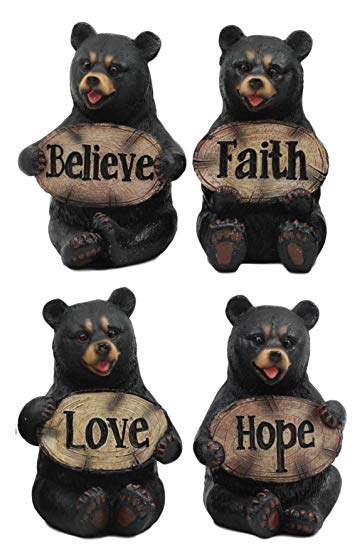 Ebros Set of Four Inspirational Bears Statues Whimsical Cute Black Bear  Holding Love Believe Faith and Hope Sign Plaque Small Figurines Western  Decor.