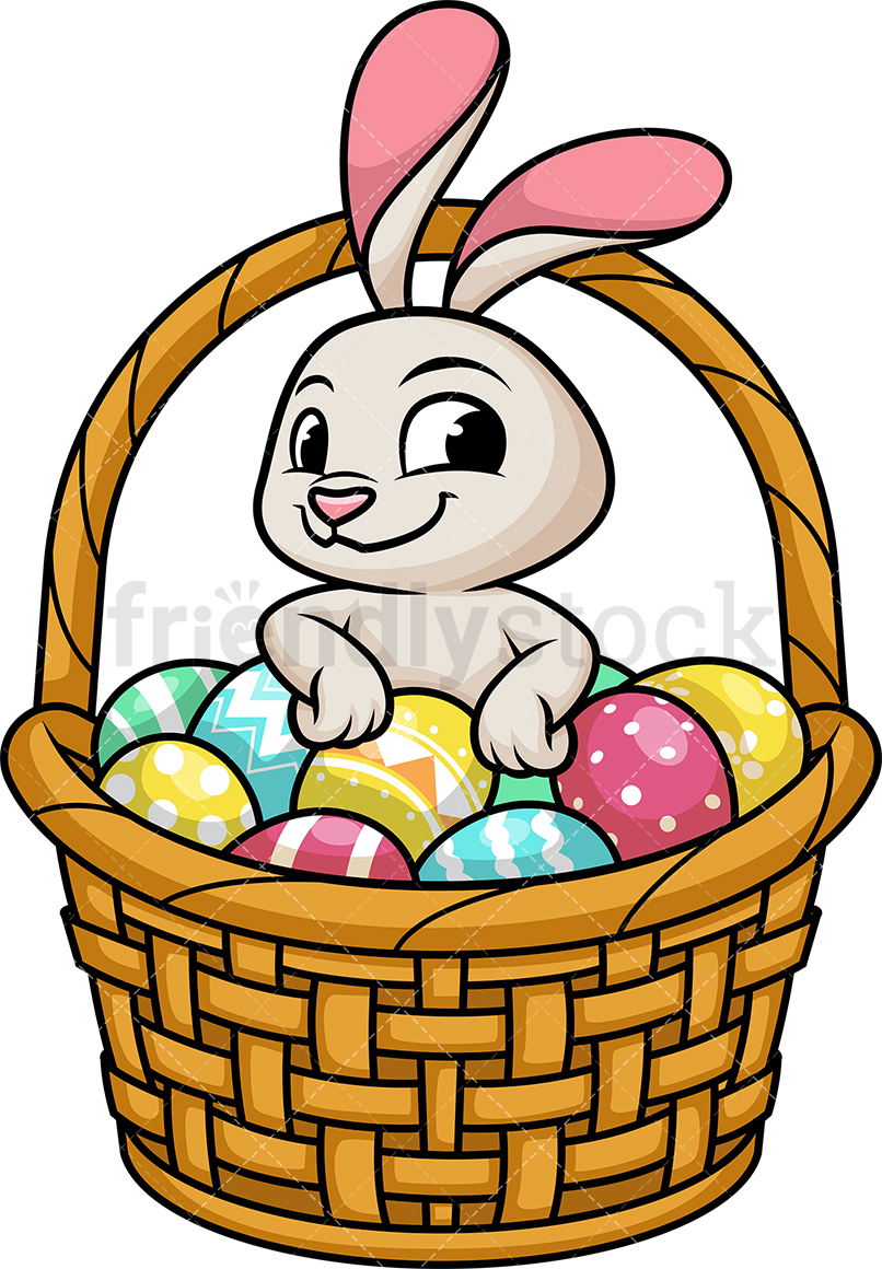 Cute Bunny In Basket With Easter Eggs.
