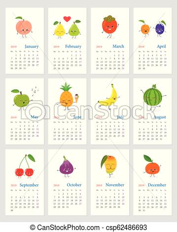 Cute monthly fruit calendar 2019.