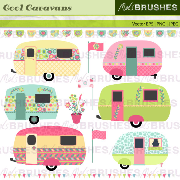 A pretty pastel set of retro vintage, caravans, flags and bunting.
