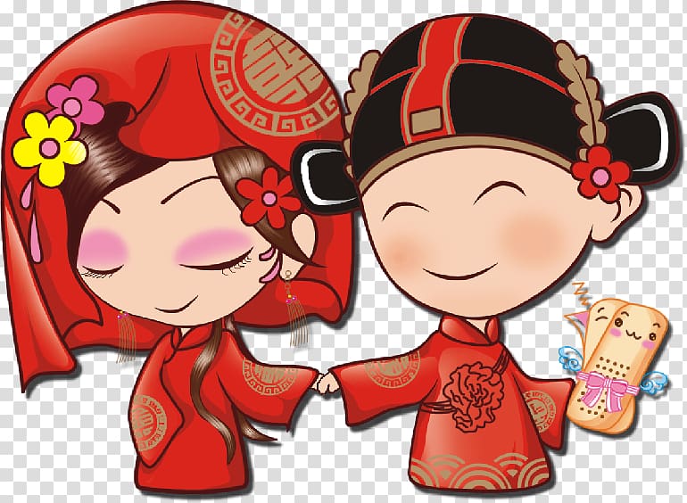 Boy and girl wearing red top illustration, China Wedding.