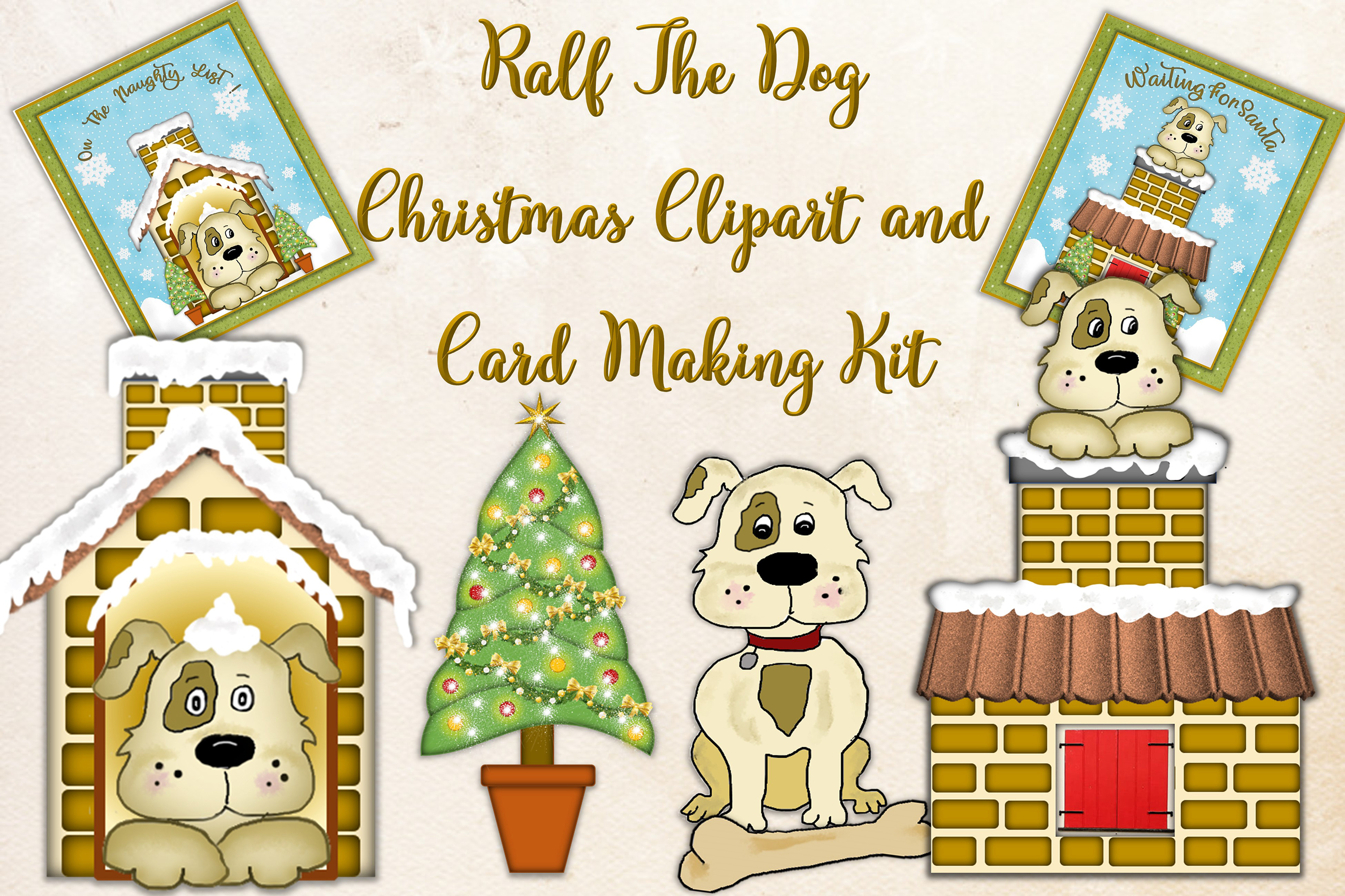 Cute Dog clipart and Christmas Card making Kit.