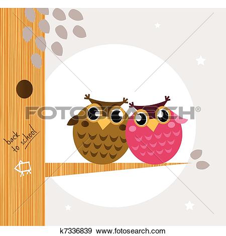 Clip Art of Two cute owl friends sitting on the branch k7336839.