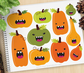 Funny Halloween Pumpkin Clipart with faces, Fall, Autumn, Thanksgiving.