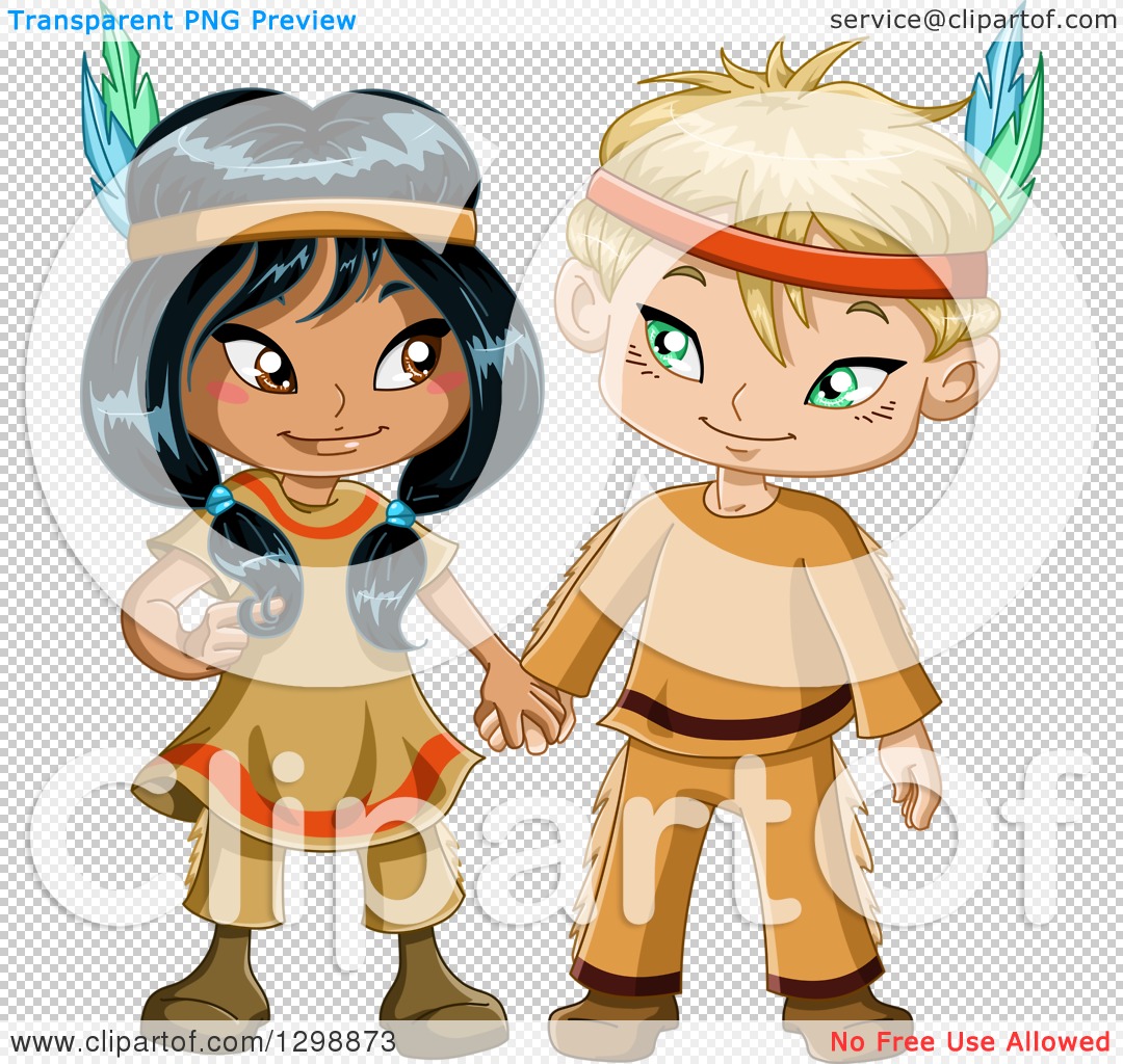 Clipart of a Cute Native American Indian Boy and Girl Holding.