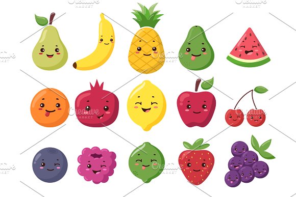Cute kawaii fruit Clipart + patterns.