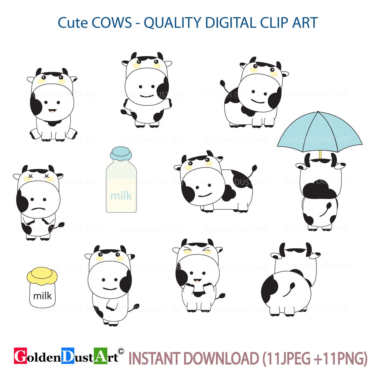 Cow Clipart, Cute Cows, Kawaii Cow, Kawaii Animal, Kawaii Clipart, Milk  Clipart, Cute Kawaii Clipart, Personal & Commercial Use.