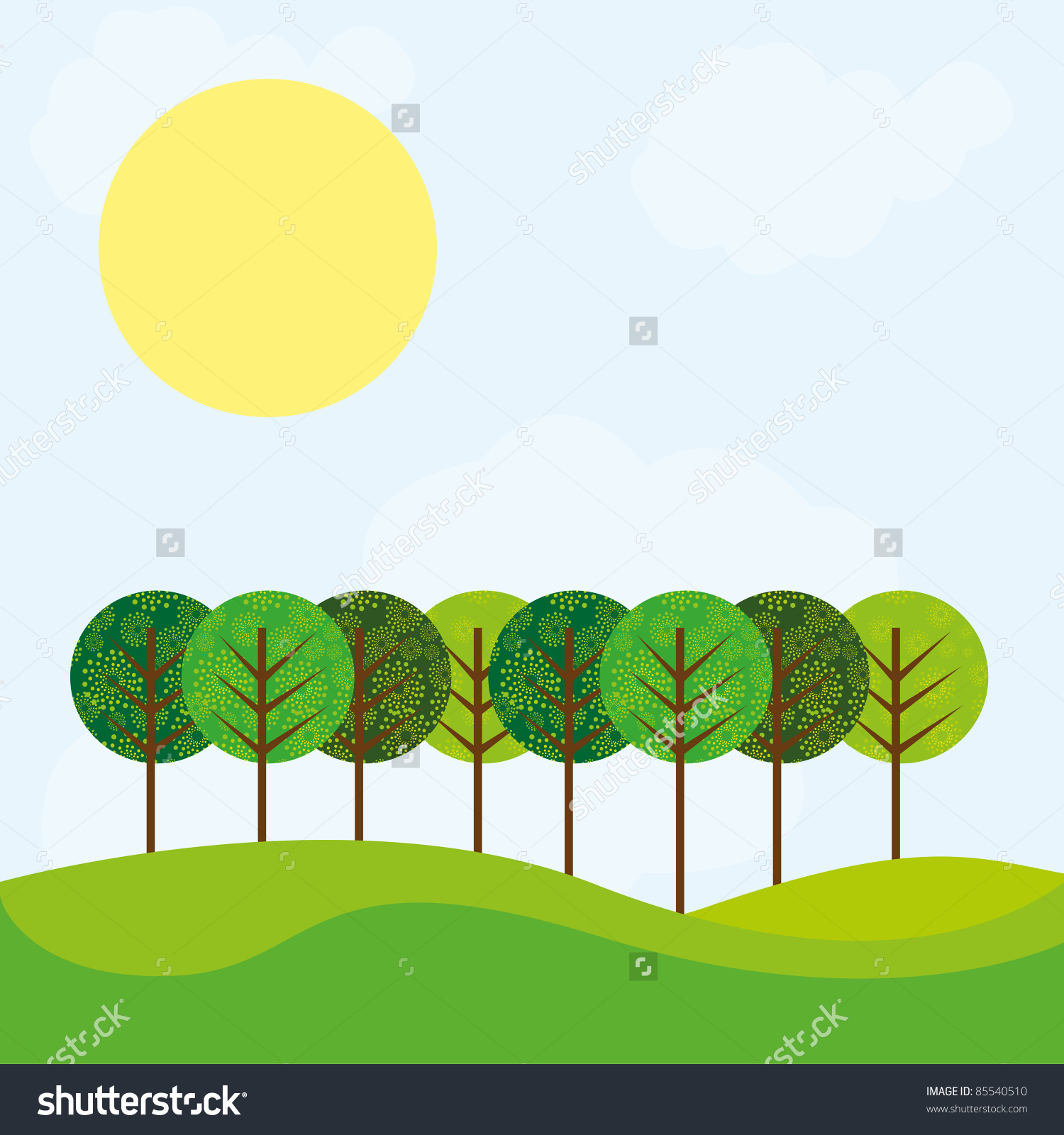 Cute Landscape Tree Grass Sun Over Stock Vector 85540510.