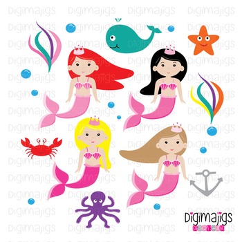 Mermaid Princess, Cute Mermaid Clipart Set, Ocean Graphics,.
