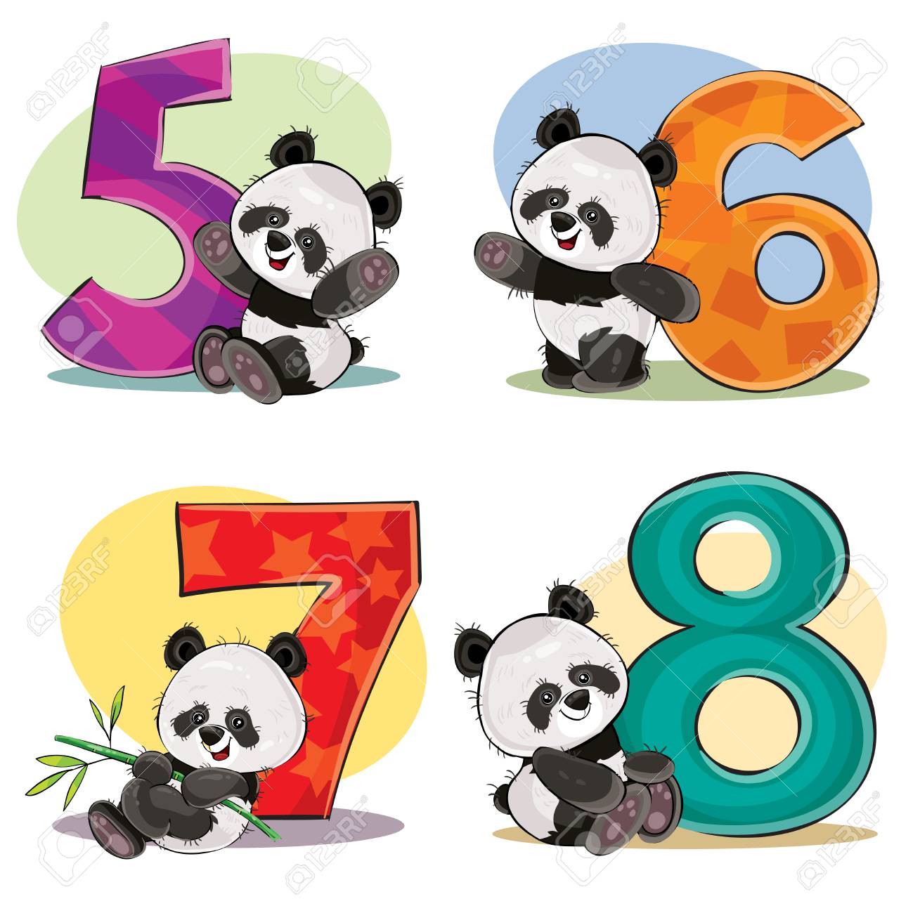 Set of cute baby panda bears with numbers vector cartoon illustration.