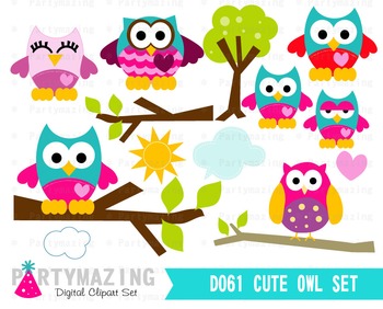 Owl ClipArt, Cute Owl Clip art Set, Owl Forest Clipart Set D061.