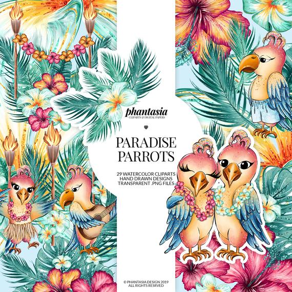 Cute Parrots Watercolor Cliparts, Summer Clipart, Summer Planner, Parrot  Cliparts, Cute Animals, Tropical Animals, Exotic Animals.