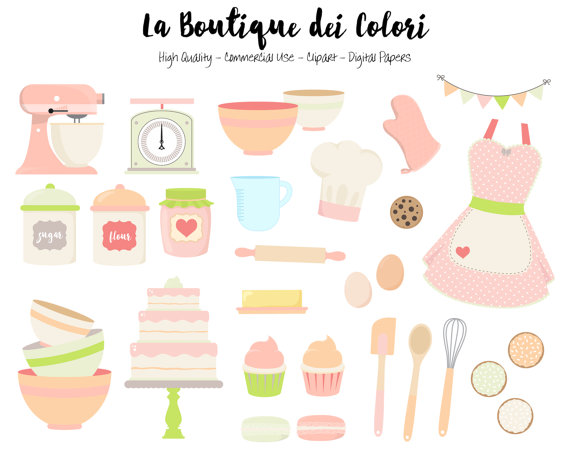 Pink and Green Baking Clipart, Cute Digital Graphics PNG, Vintage.