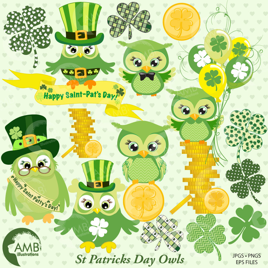 St Patricks Day Owls Clipart, St Patricks Day Clipart, Owls Clipart, Irish  Clip Art, Shamrock Clipart, Banner Clipart, AMB.