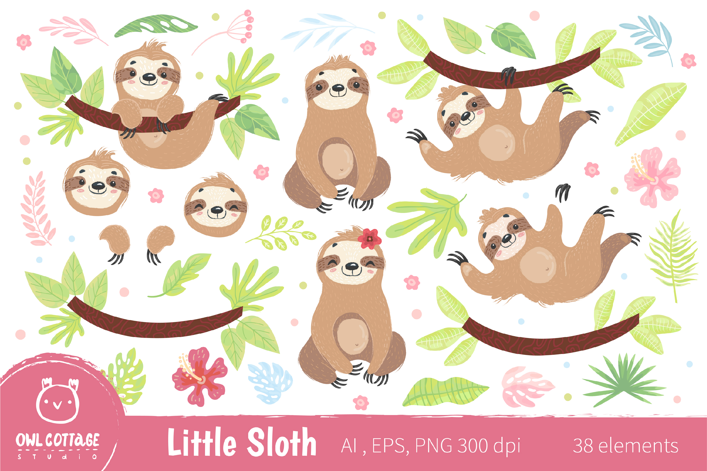 Cute Sloth Clipart Collection, Vector and Png, Easy SCALABLE.