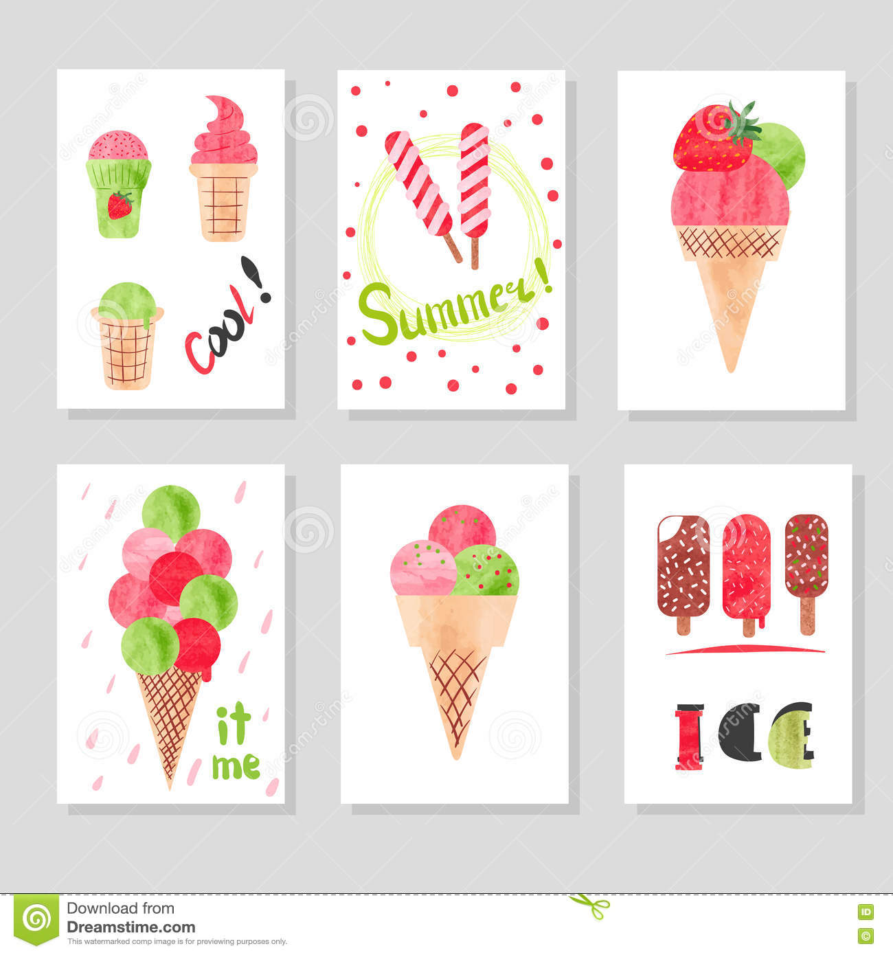 Set Of Cute Card Templates With Watercolor Ice Cream For Design. Set Of Cute Card Templates With Watercolor Ice Cream For Design.