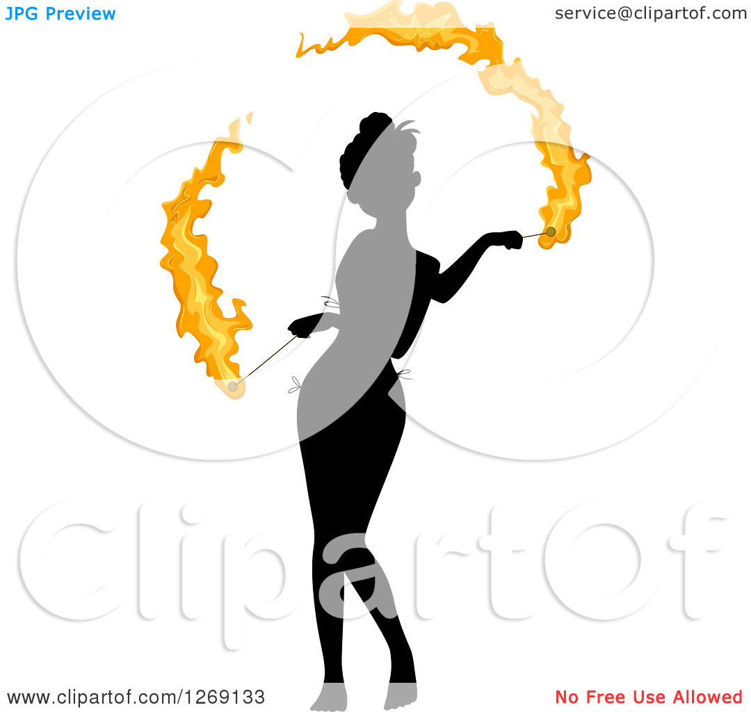Clipart of a Silhouetted Black Woman Fire Dancing with Colored.