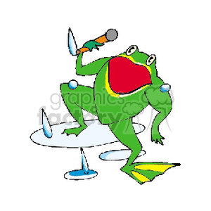 Cartoon frog singing and dancing in the rain clipart. Royalty.