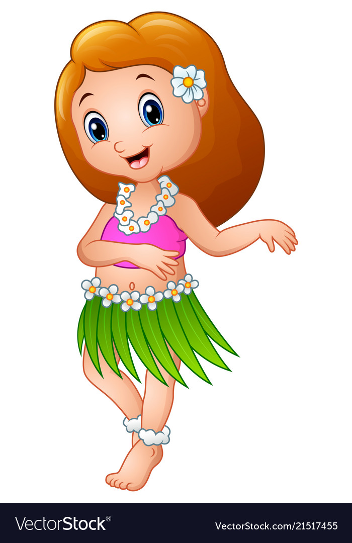 Cute cartoon girl dancing hula hawaiian.
