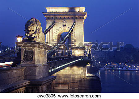 Stock Image of Lion gates on Chain Bridge over Danube River in.