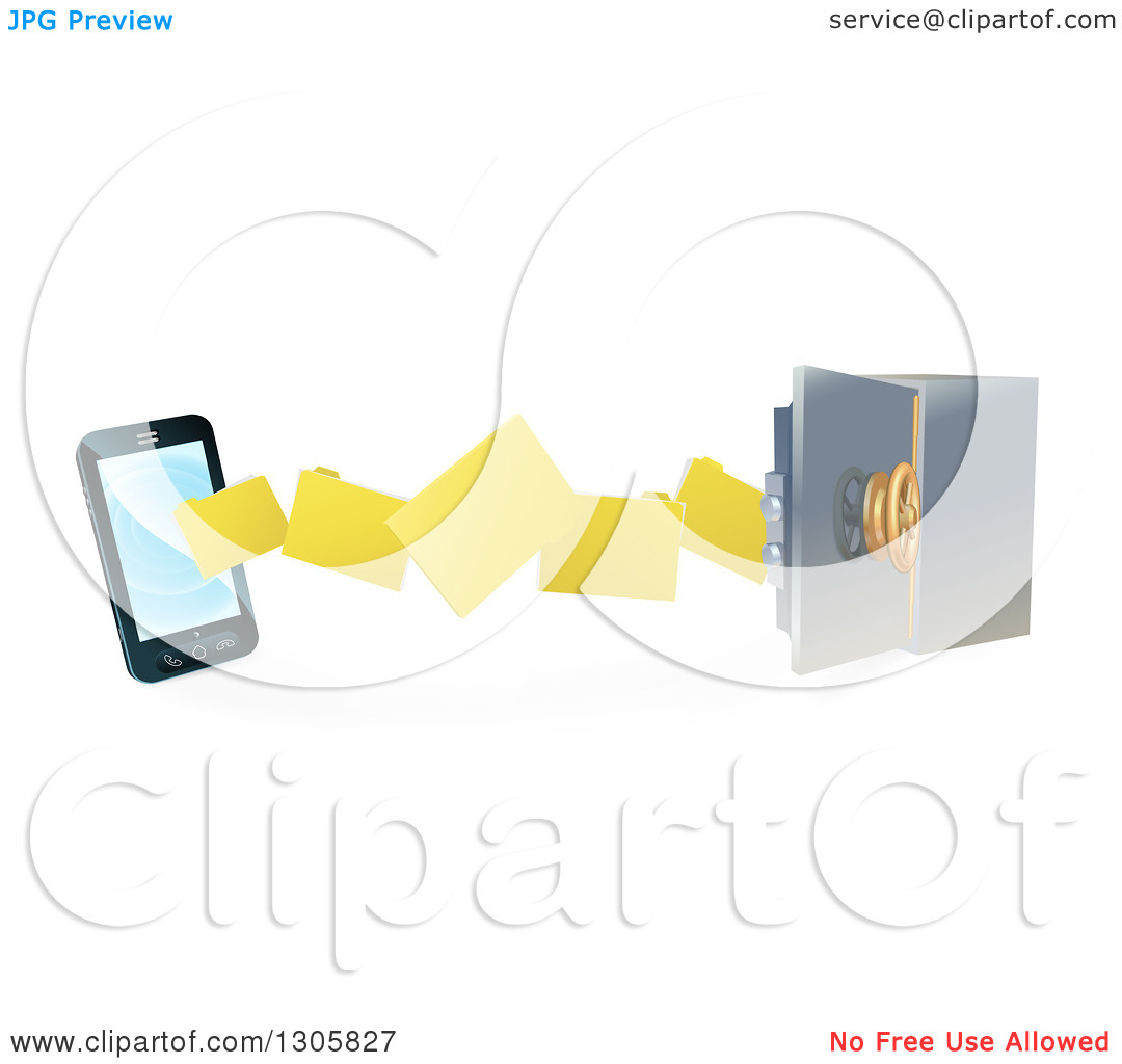 Clipart of a 3d Smart Cell Phone Doing a Secure Data Transfer.