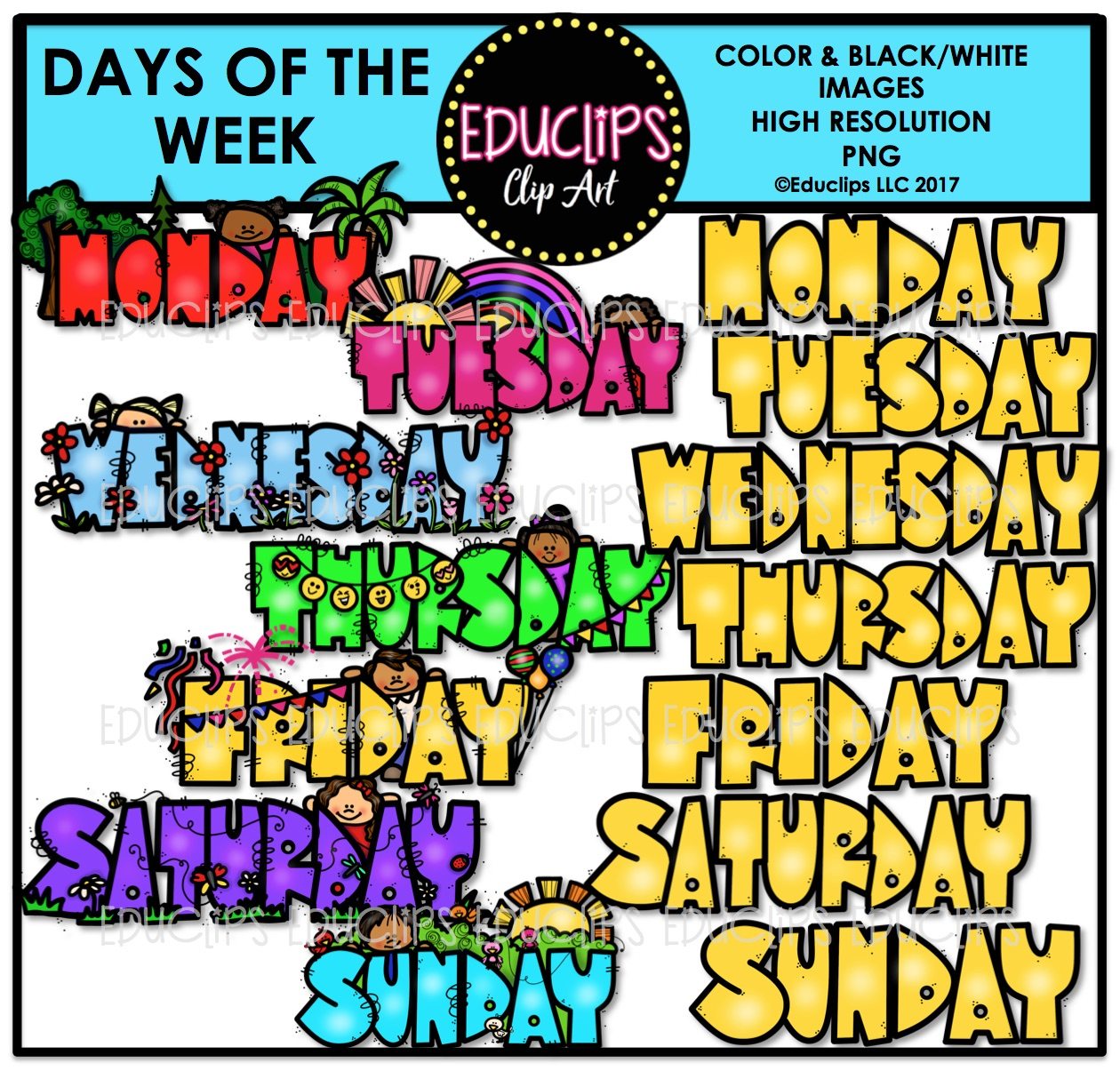 Days Of The Week Clip Art Bundle (Color and B&W).