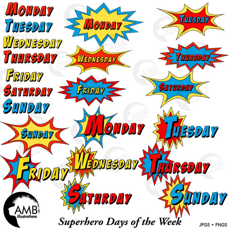 Days of the Week Clipart, Superhero week Day clipart, Superhero bursts,  Back to school, AMB.