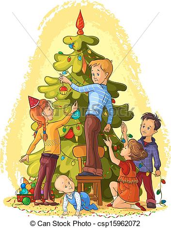 Clipart Family Decorating Christmas Tree.