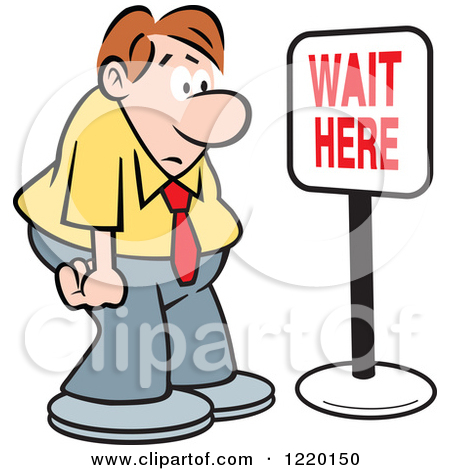 Clipart of a Defeated Businessman in Front of a Wait Here Sign.
