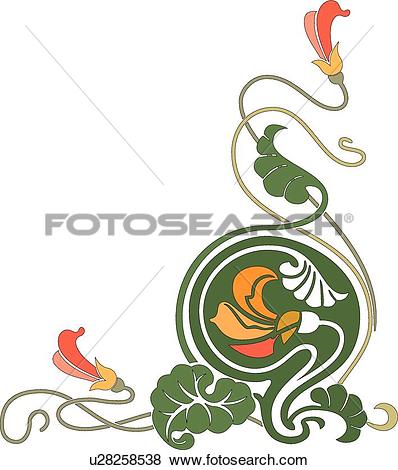 Clipart of Delicate Orange Flower on Green Curly Stems Creating a.