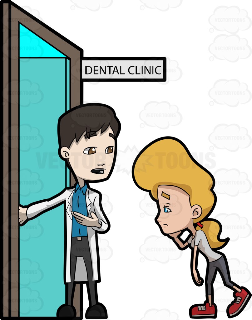 A Dentist Assisting A Woman To Enter His Dental Clinic Cartoon Clipart.