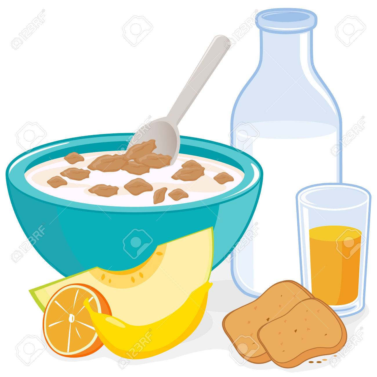 Desayuno. Un tazón de cereales, botella de leche, zumo, tostadas y frutas.