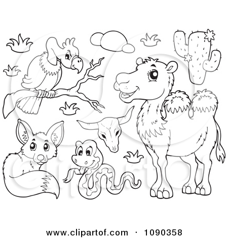 Clipart Outlined Vulture Snake Fox And Camel Desert Animals.