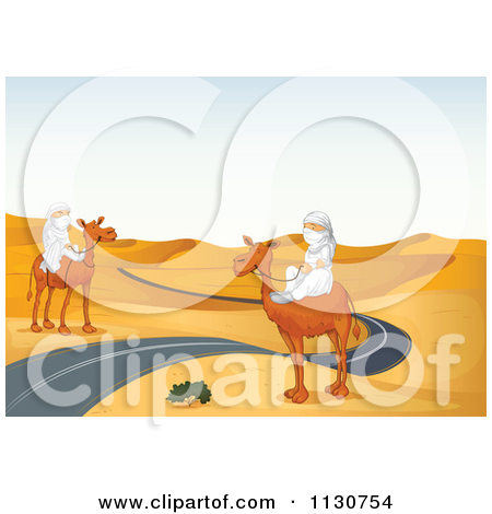 Cartoon Of Arabian Men On Camel Along A Desert Road 2.