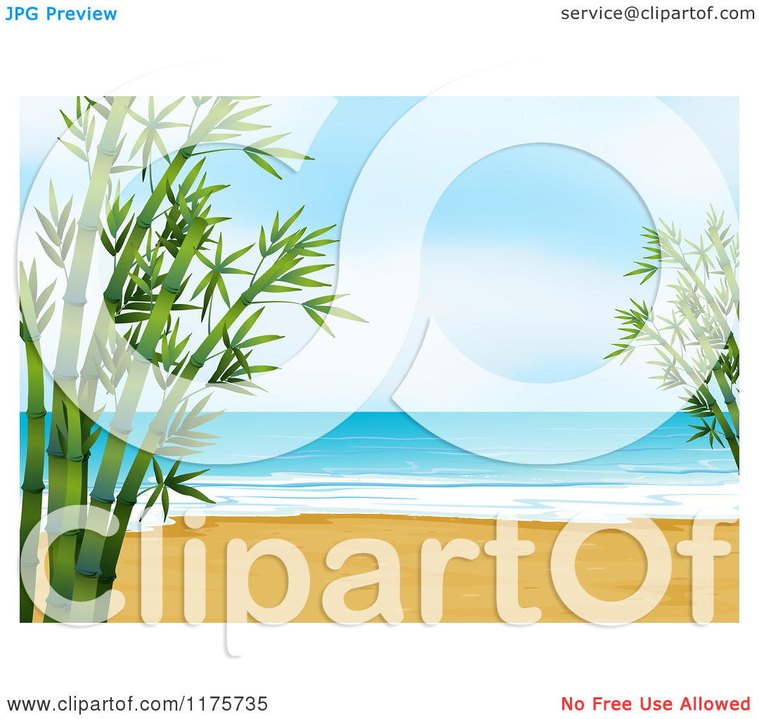 Cartoon of a Deserted Ocean Beach with Bamboo.