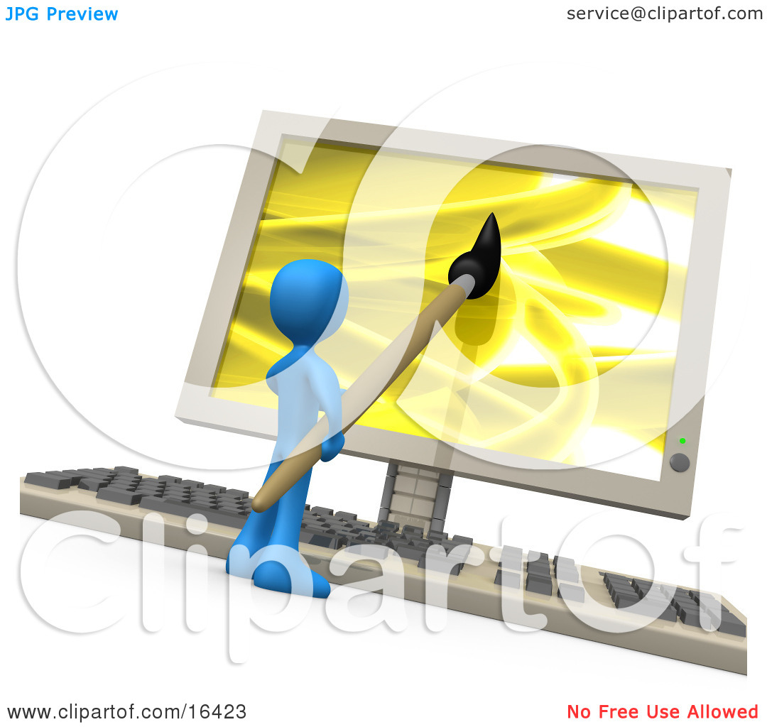 Blue Person Using A Paintbrush On A Flat Screen Computer Monitor.