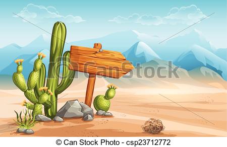 Vectors Illustration of A wooden sign in the desert mountains in.