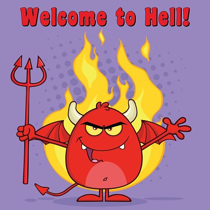 Angry Devil Holding A Pitchfork With Background And Text.