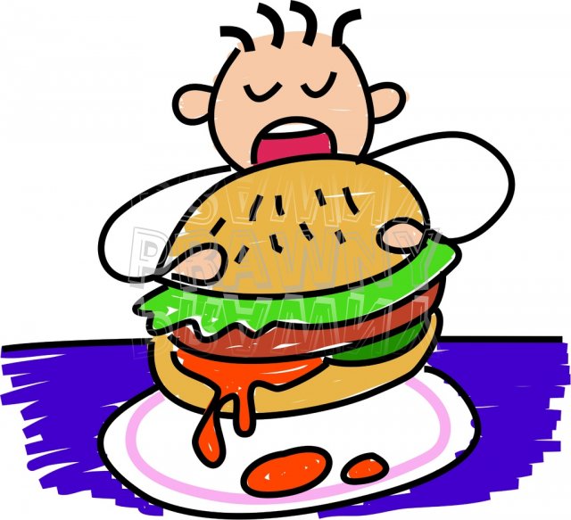 Clipart starving kid devouring burgers.