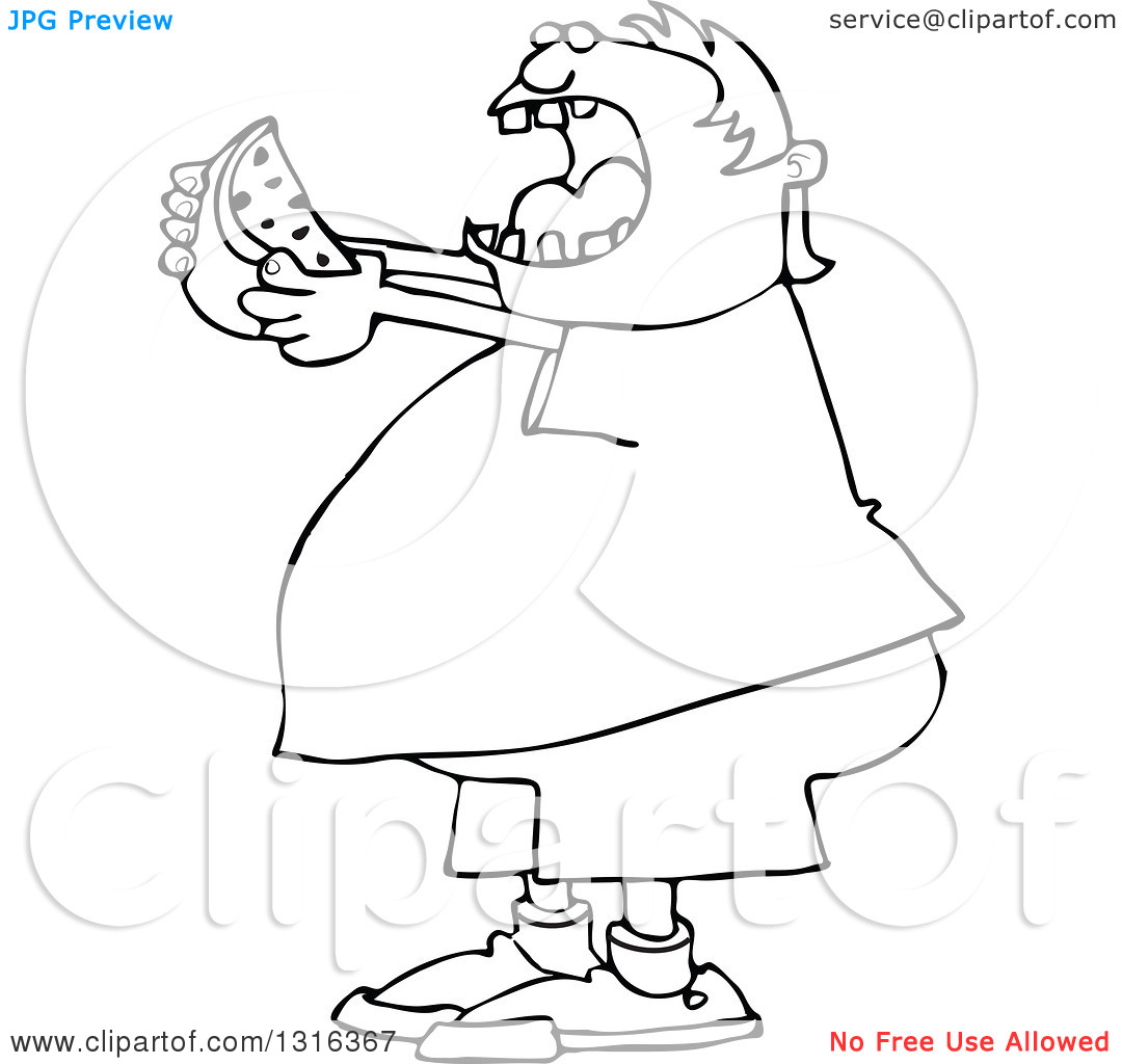 Lineart Clipart of a Cartoon Black and White Chubby Boy Ready to.