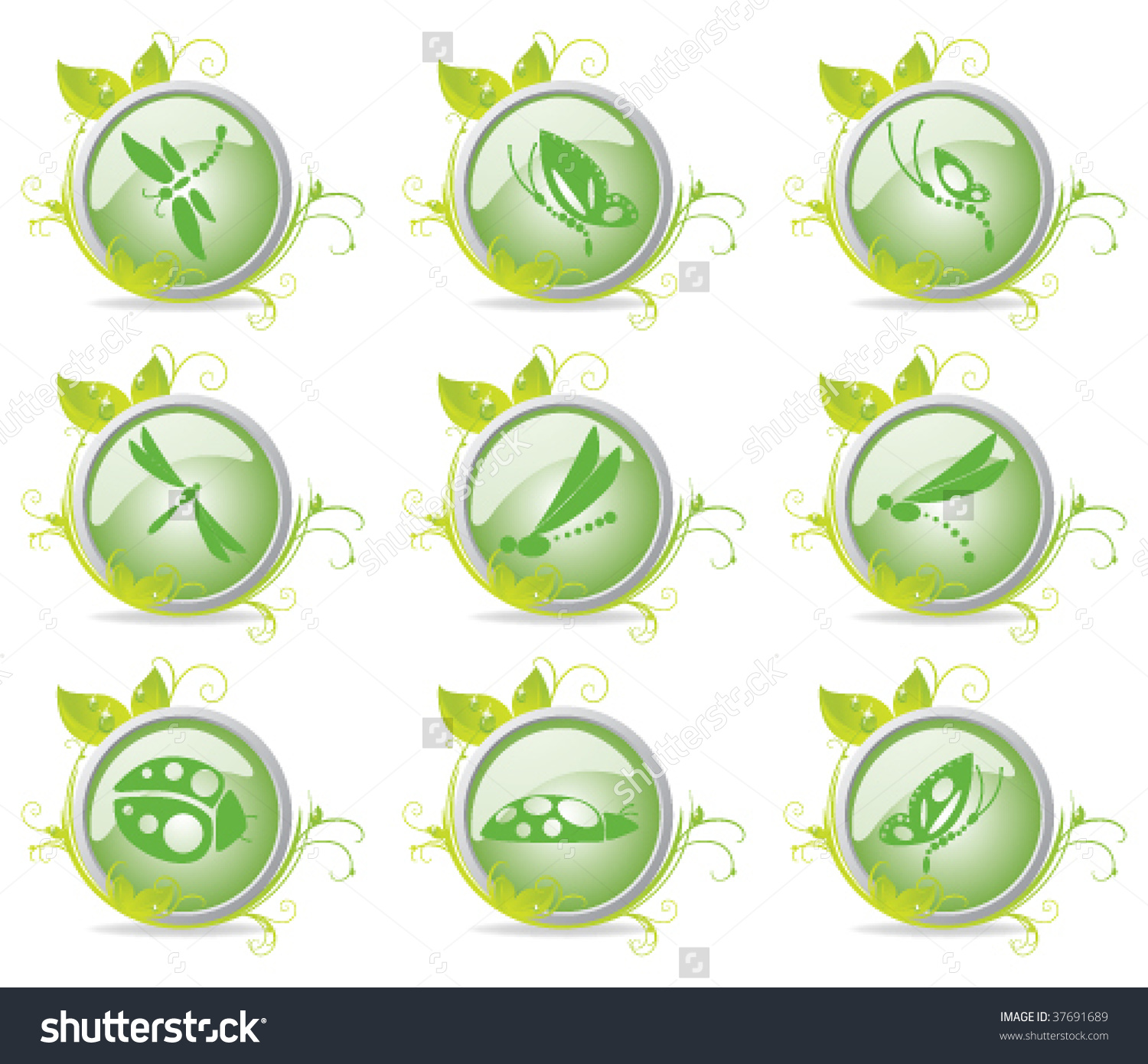 Nine Ecological Insect Icons Surrounded By Dewdrop Leaves And Airy.